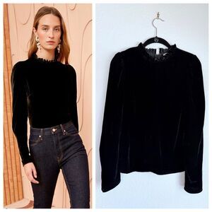 NWOT Ulla Johnson Marlene Ruffle Mock Neck Puff Sleeve Velvet Blouse in Black 4